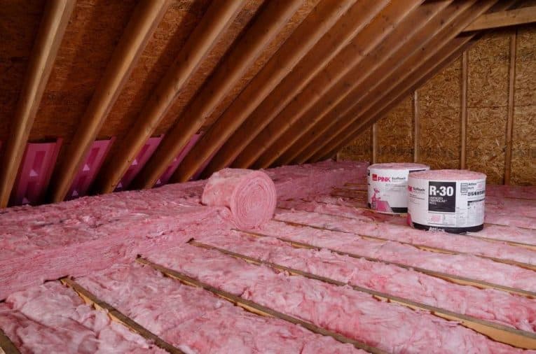 R-30 pink fiberglass batt insulation installed in attic