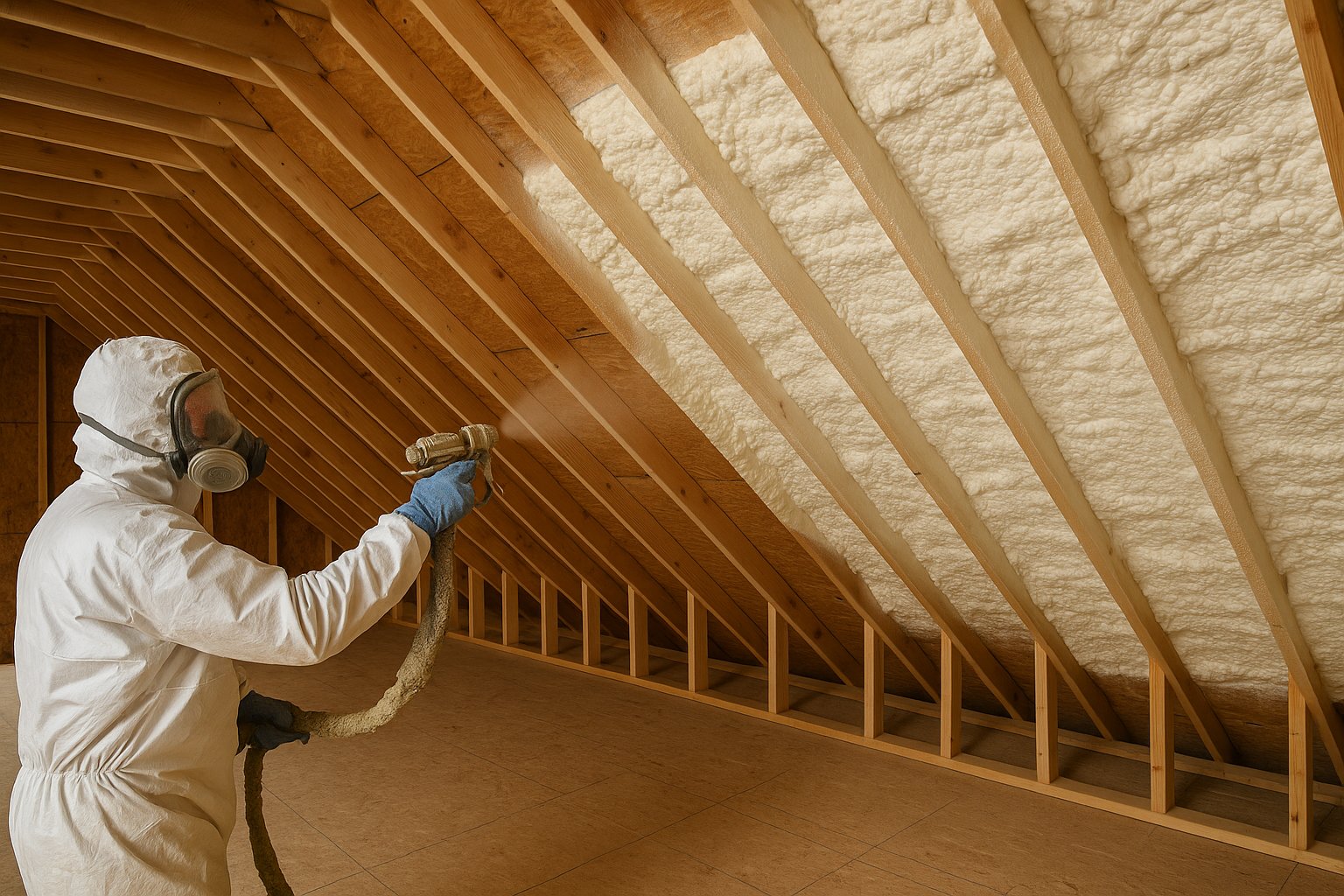 Contractor applying open cell spray foam to wall studs