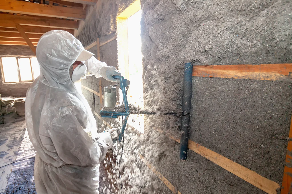 Contractor spraying dense pack cellulose insulation onto wall